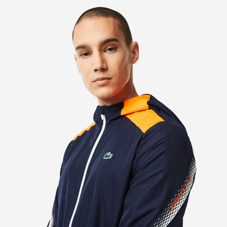 hombres Lacoste azul marino naranja blanco ag4 chamarra de tenis con capucha de poliéster reciclado N6XZ2379