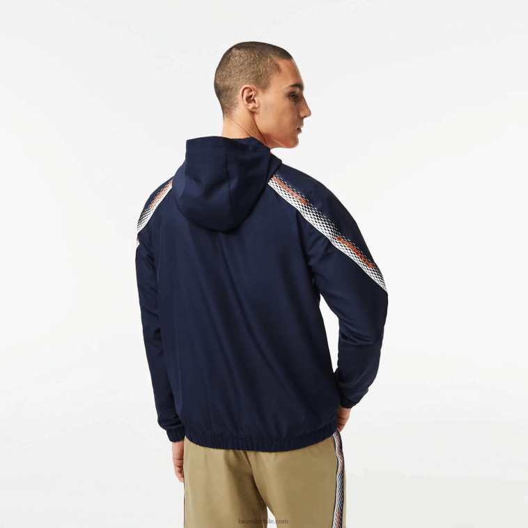 hombres Lacoste azul marino naranja blanco ag4 chamarra de tenis con capucha de poliéster reciclado N6XZ2379