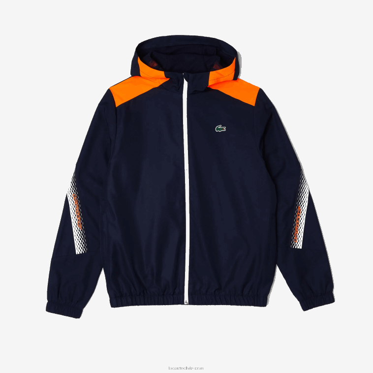 hombres Lacoste azul marino naranja blanco ag4 chamarra de tenis con capucha de poliéster reciclado N6XZ2379