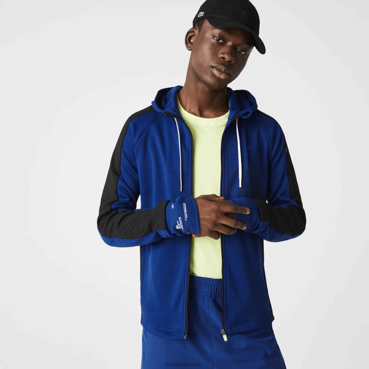 hombres Lacoste azul negro blanco pwh chamarra deportiva con capucha y banda en contraste N6XZ21191