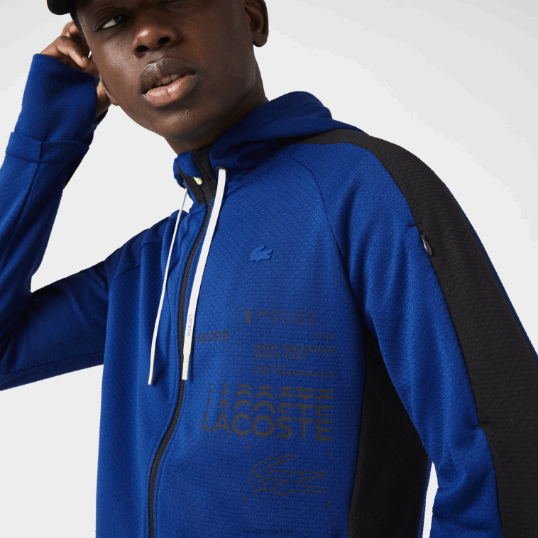 hombres Lacoste azul negro blanco pwh chamarra deportiva con capucha y banda en contraste N6XZ21191