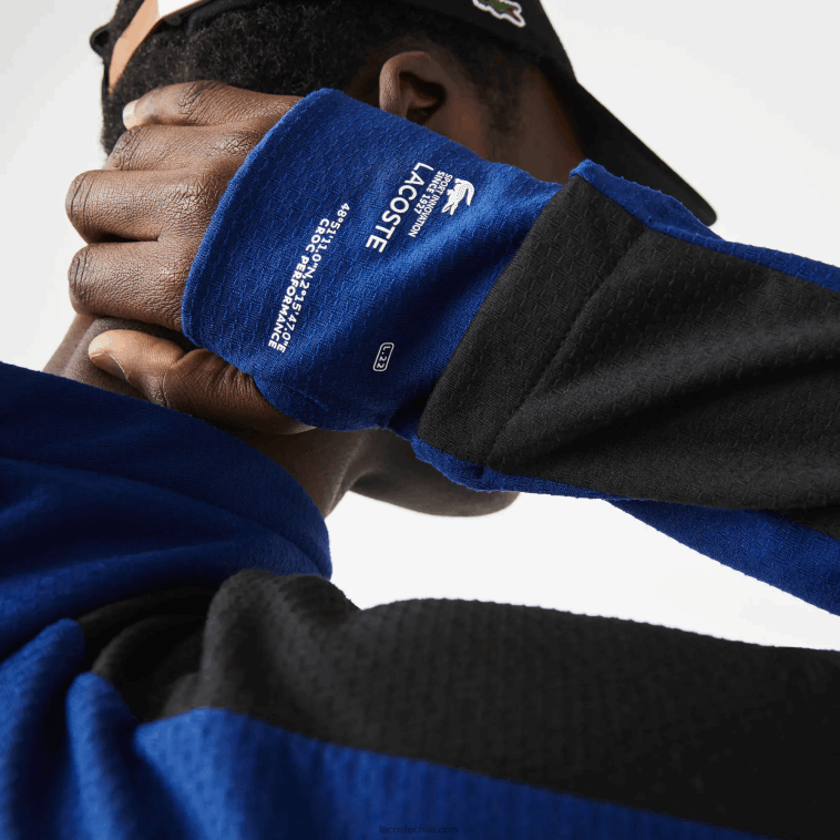 hombres Lacoste azul negro blanco pwh chamarra deportiva con capucha y banda en contraste N6XZ21191