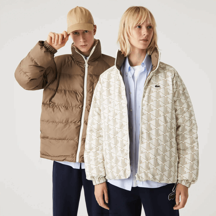 hombres Lacoste beige blanco 7dx chaqueta reversible repelente al agua N6XZ21225