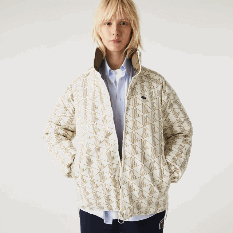 hombres Lacoste beige blanco 7dx chaqueta reversible repelente al agua N6XZ21225
