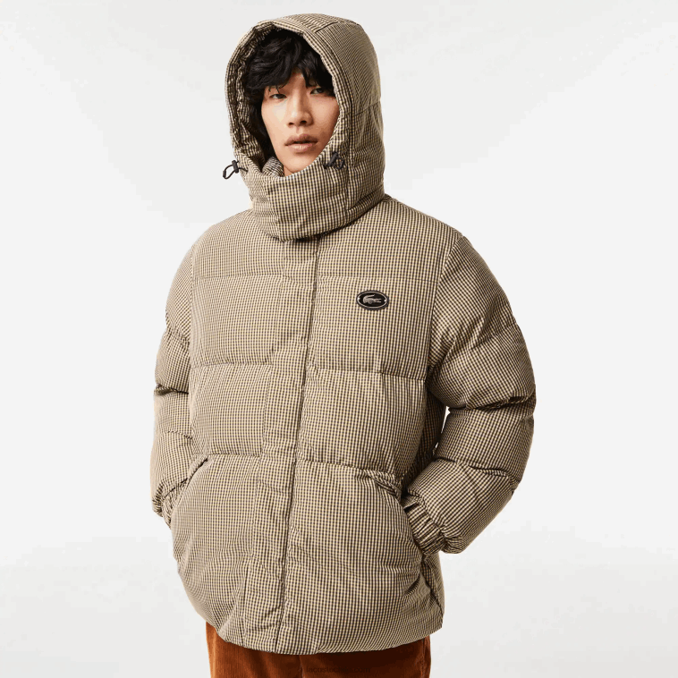 hombres Lacoste beige marino caqui verde 87e chaqueta acolchada de sarga repelente al agua con estampado de cuadros N6XZ2399