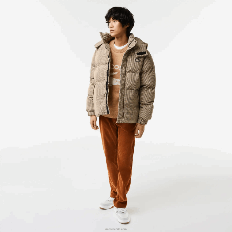 hombres Lacoste beige marino caqui verde 87e chaqueta acolchada de sarga repelente al agua con estampado de cuadros N6XZ2399