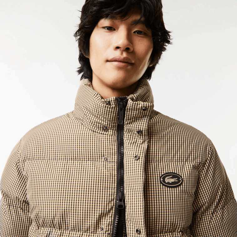hombres Lacoste beige marino caqui verde 87e chaqueta acolchada de sarga repelente al agua con estampado de cuadros N6XZ2399