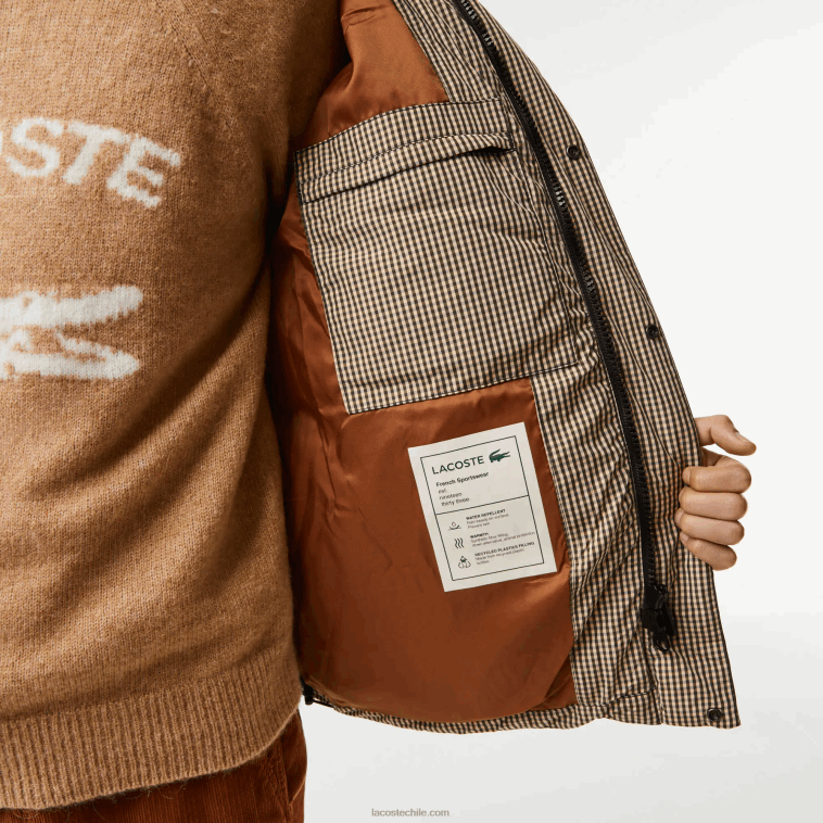 hombres Lacoste beige marino caqui verde 87e chaqueta acolchada de sarga repelente al agua con estampado de cuadros N6XZ2399