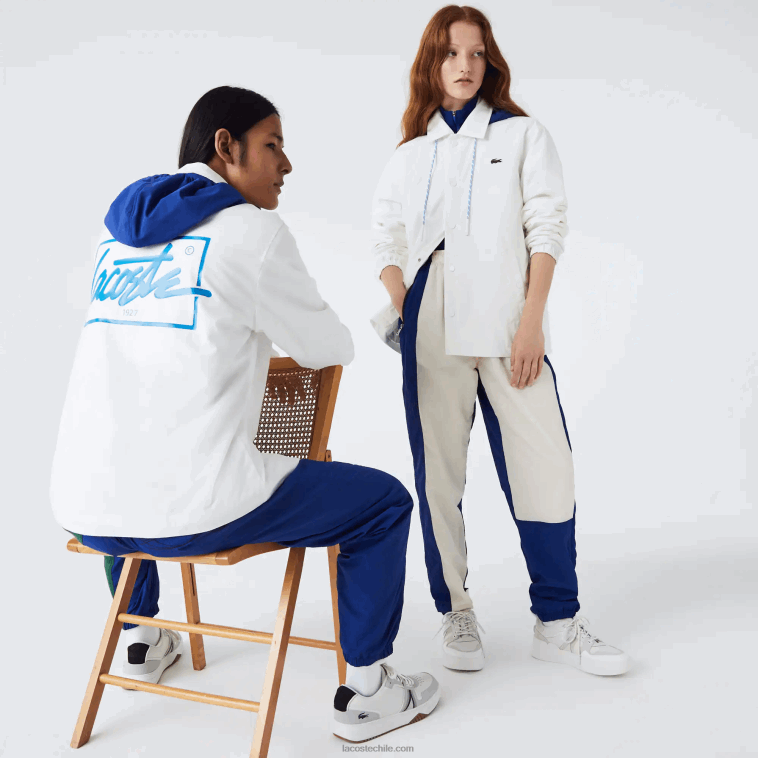 hombres Lacoste eme blanco azul chamarra con botones y capucha en contraste N6XZ21316