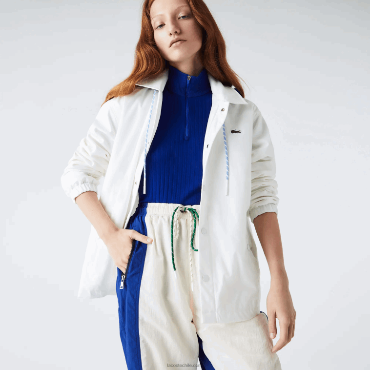 hombres Lacoste eme blanco azul chamarra con botones y capucha en contraste N6XZ21316