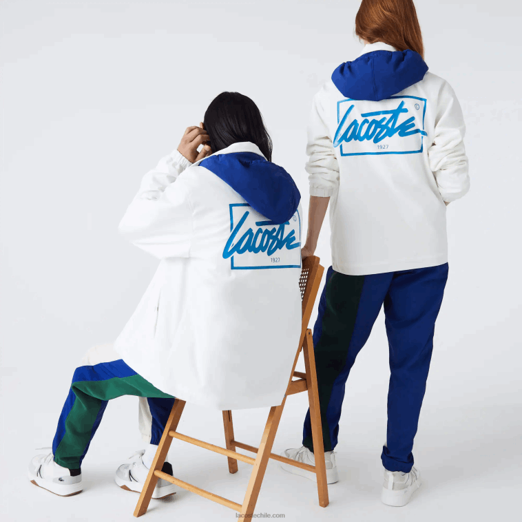 hombres Lacoste eme blanco azul chamarra con botones y capucha en contraste N6XZ21316