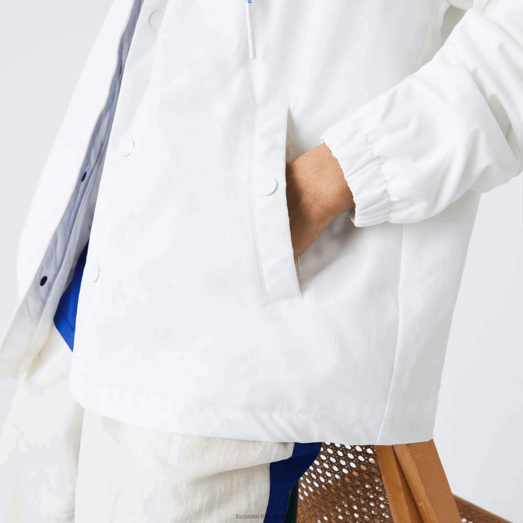 hombres Lacoste eme blanco azul chamarra con botones y capucha en contraste N6XZ21316