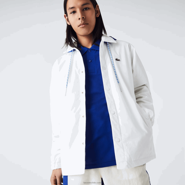 hombres Lacoste eme blanco azul chamarra con botones y capucha en contraste N6XZ21316