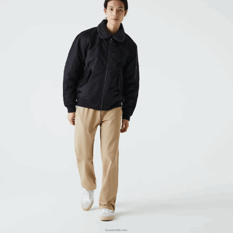 hombres Lacoste gris oscuro azul marino 2t9 chamarra bomber acolchada con cuello sherpa N6XZ21214