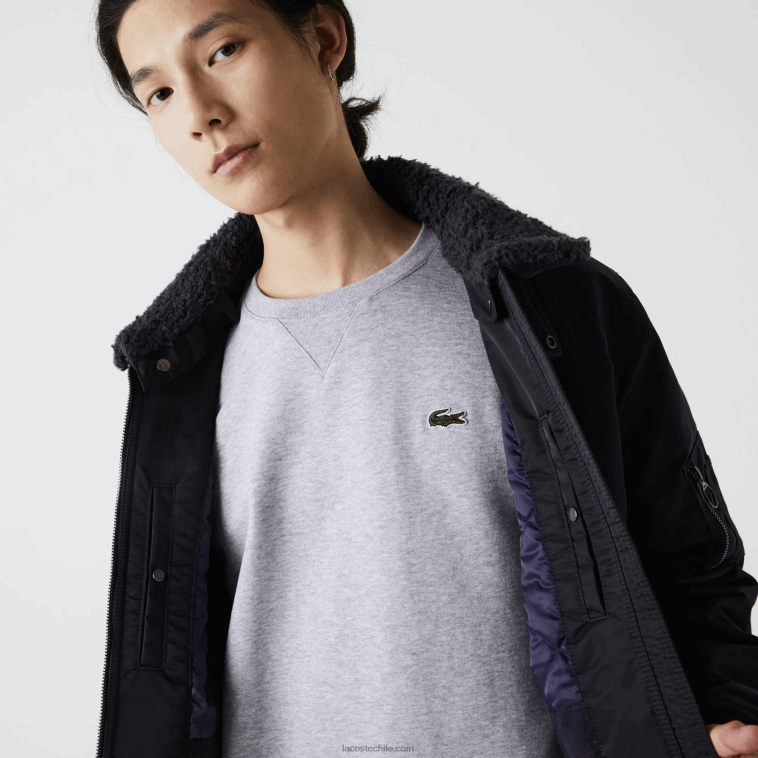hombres Lacoste gris oscuro azul marino 2t9 chamarra bomber acolchada con cuello sherpa N6XZ21214