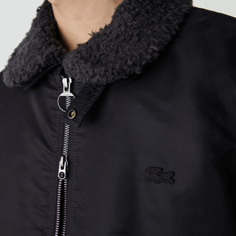 hombres Lacoste gris oscuro azul marino 2t9 chamarra bomber acolchada con cuello sherpa N6XZ21214