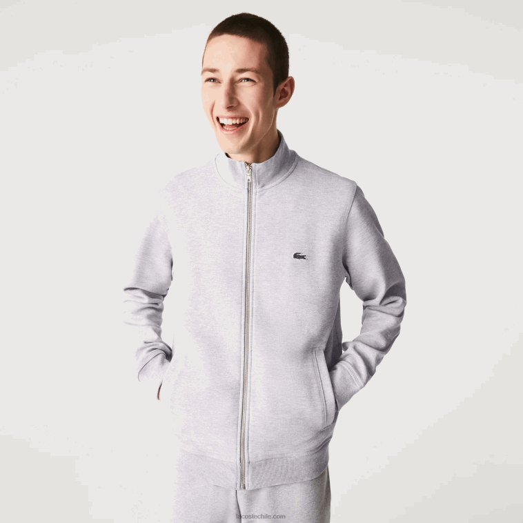 hombres Lacoste lomo gris cca chamarra polar de piqué con cuello alto y cremallera N6XZ21036