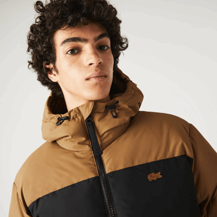 hombres Lacoste marrón negro verde tpv chaqueta acolchada repelente al agua con bloques de color N6XZ21227