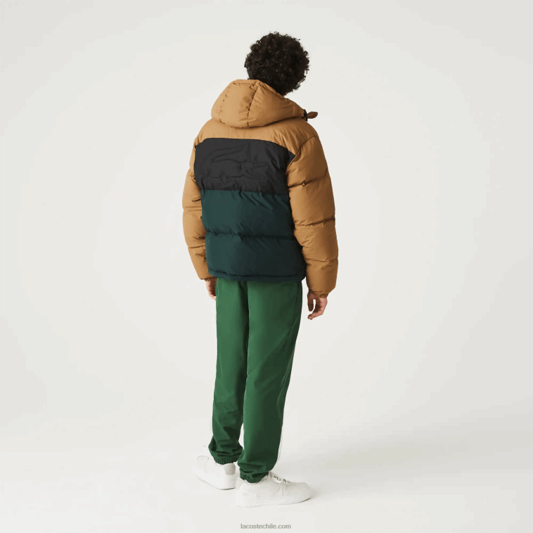 hombres Lacoste marrón negro verde tpv chaqueta acolchada repelente al agua con bloques de color N6XZ21227