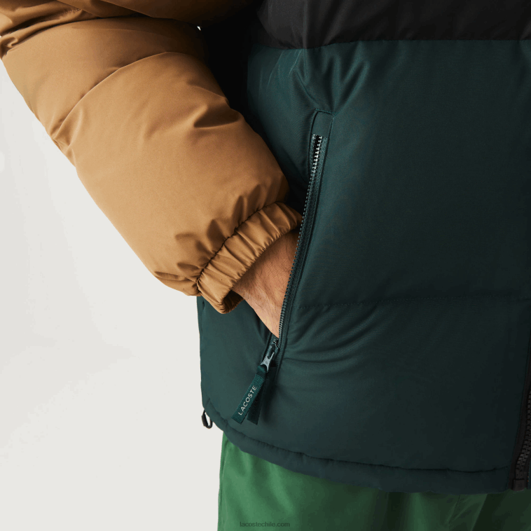 hombres Lacoste marrón negro verde tpv chaqueta acolchada repelente al agua con bloques de color N6XZ21227