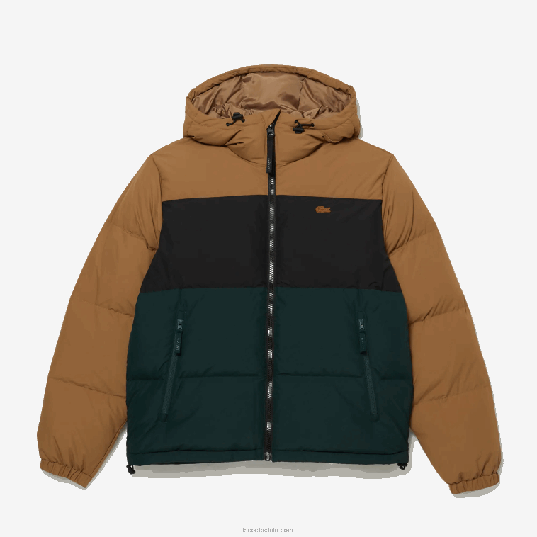 hombres Lacoste marrón negro verde tpv chaqueta acolchada repelente al agua con bloques de color N6XZ21227