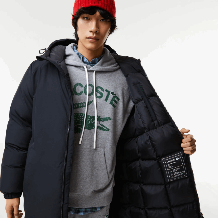 hombres Lacoste negro 031 chaqueta acolchada larga con inscripción de la marca N6XZ21294