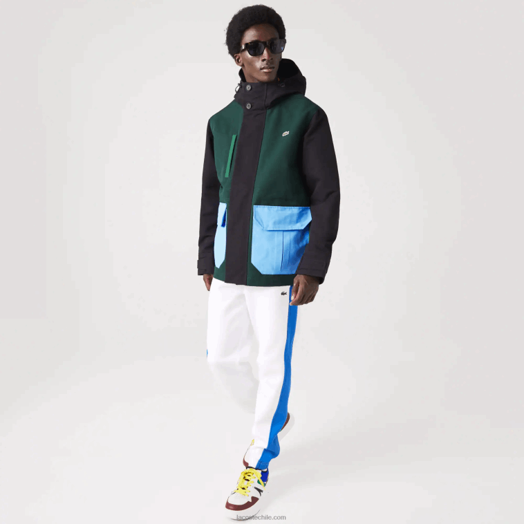 hombres Lacoste negro azul verde ndn chamarra de sarga con bloques de color repelente al agua N6XZ21247