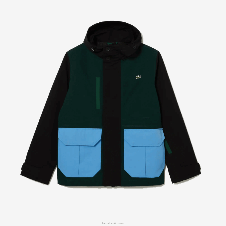 hombres Lacoste negro azul verde ndn chamarra de sarga con bloques de color repelente al agua N6XZ21247