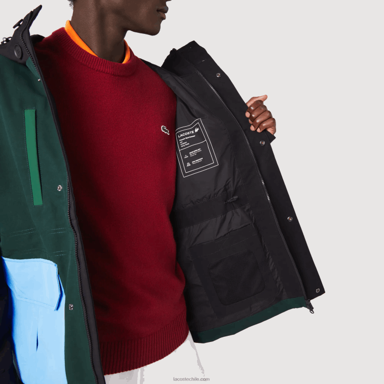 hombres Lacoste negro azul verde ndn chamarra de sarga con bloques de color repelente al agua N6XZ21247