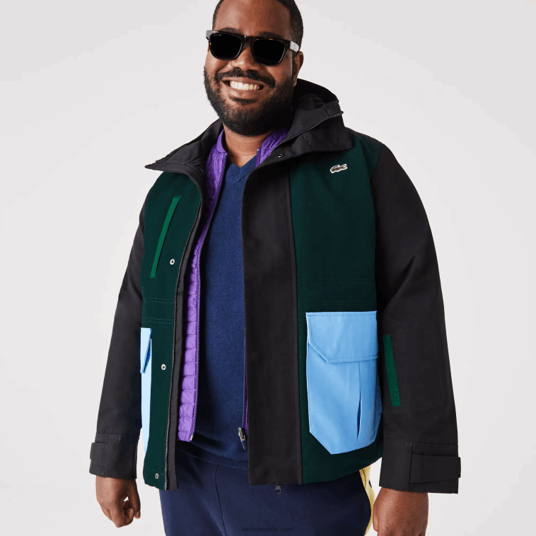 hombres Lacoste negro azul verde ndn chamarra de sarga con bloques de color repelente al agua N6XZ21247