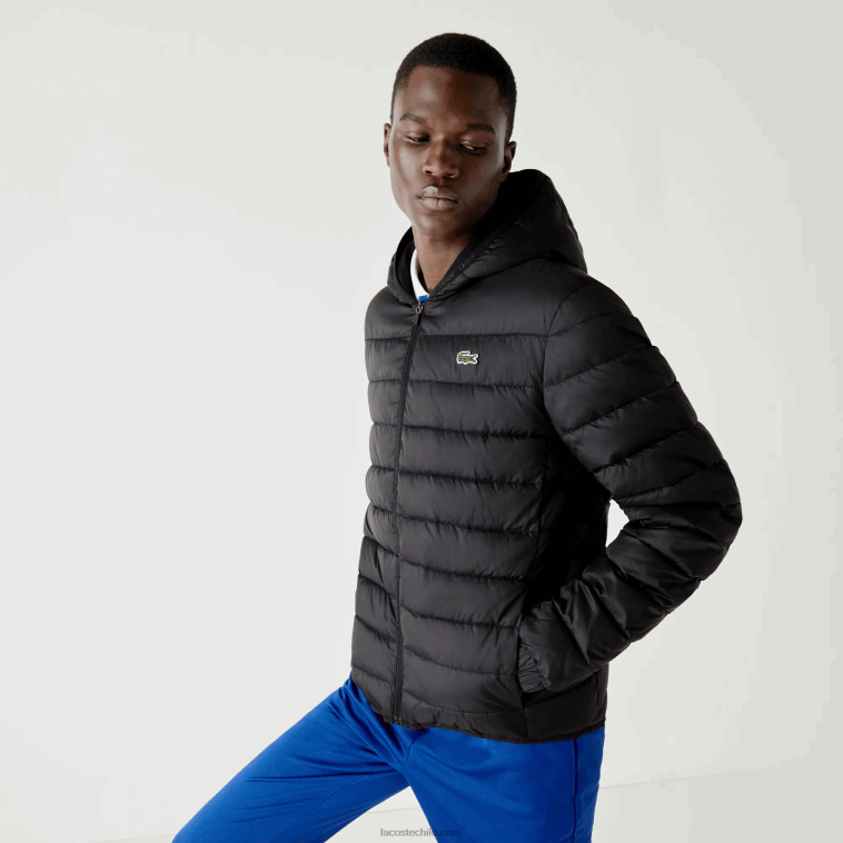 hombres Lacoste negro c31 chamarra acolchada resistente al agua con capucha deportiva N6XZ21319