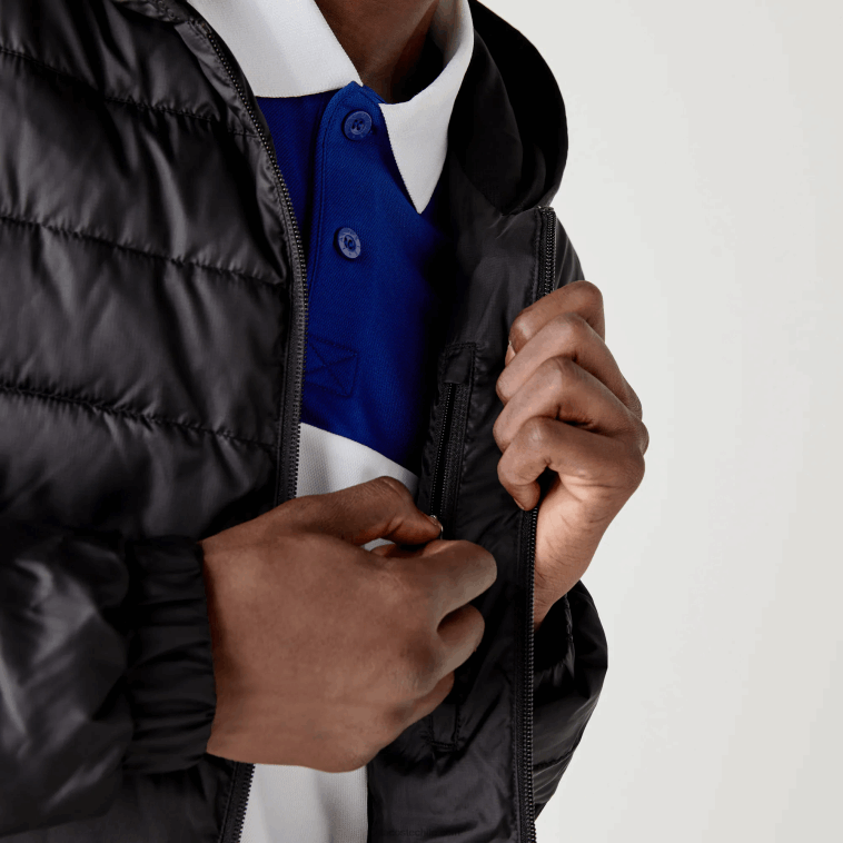 hombres Lacoste negro c31 chamarra acolchada resistente al agua con capucha deportiva N6XZ21319