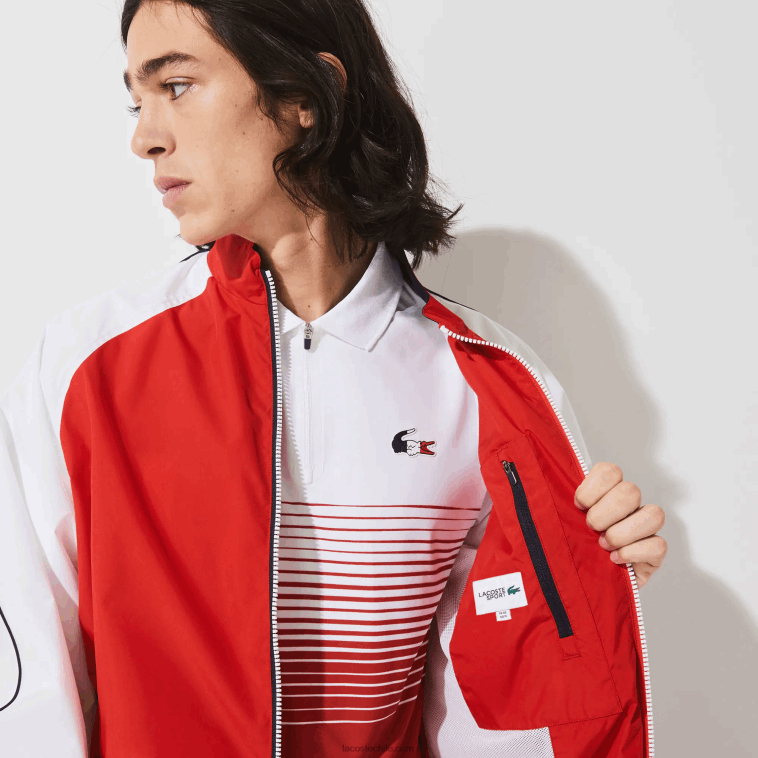 hombres Lacoste rojo blanco azul marino yy2 sport chaqueta con cremallera resistente al agua edición french sporting spirit N6XZ21287