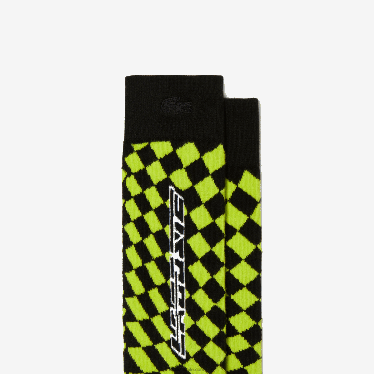 hombres Lacoste negro amarillo 9y2 calcetines de compresión de tablero de ajedrez N6XZ2526