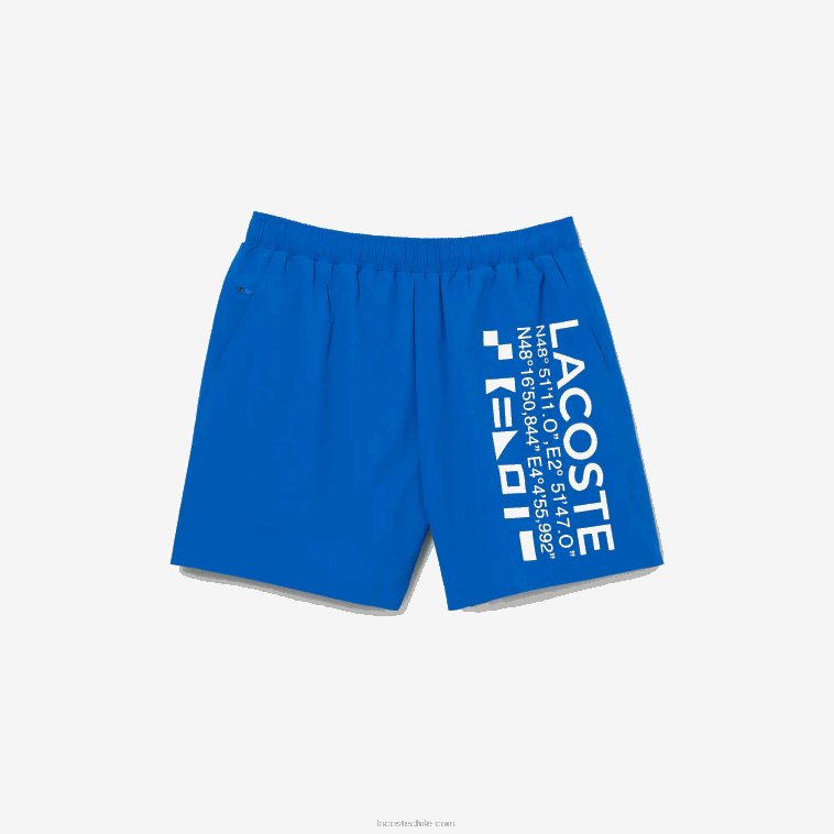 hombres Lacoste azul blanco 7lc shorts de playa con estampado náutico N6XZ21661