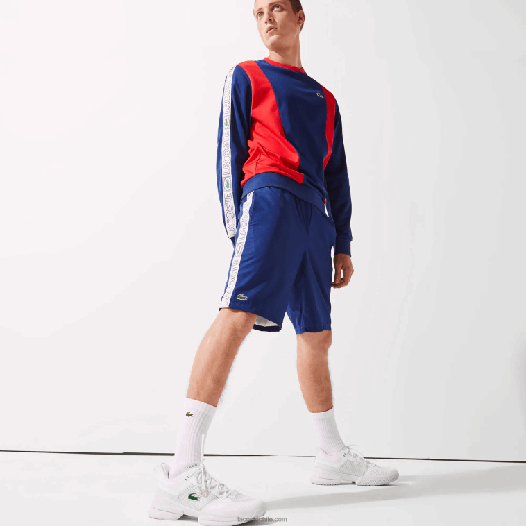 hombres Lacoste azul blanco emj shorts deportivos con franjas laterales N6XZ21505 hombres Lacoste azul blanco emj shorts deportivos con franjas laterales N6XZ21505