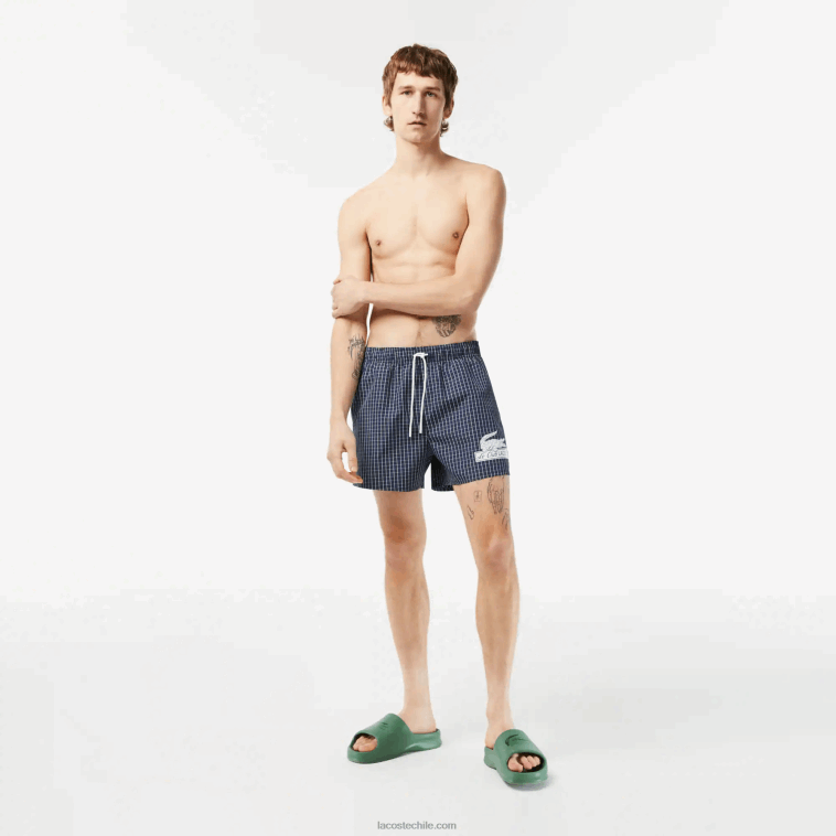 hombres Lacoste azul marino blanco xch bañador a cuadros de poliéster reciclado N6XZ2532