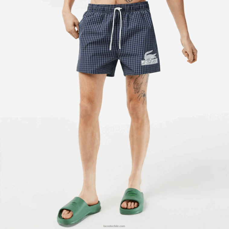 hombres Lacoste azul marino blanco xch bañador a cuadros de poliéster reciclado N6XZ2532