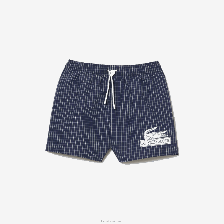 hombres Lacoste azul marino blanco xch bañador a cuadros de poliéster reciclado N6XZ2532
