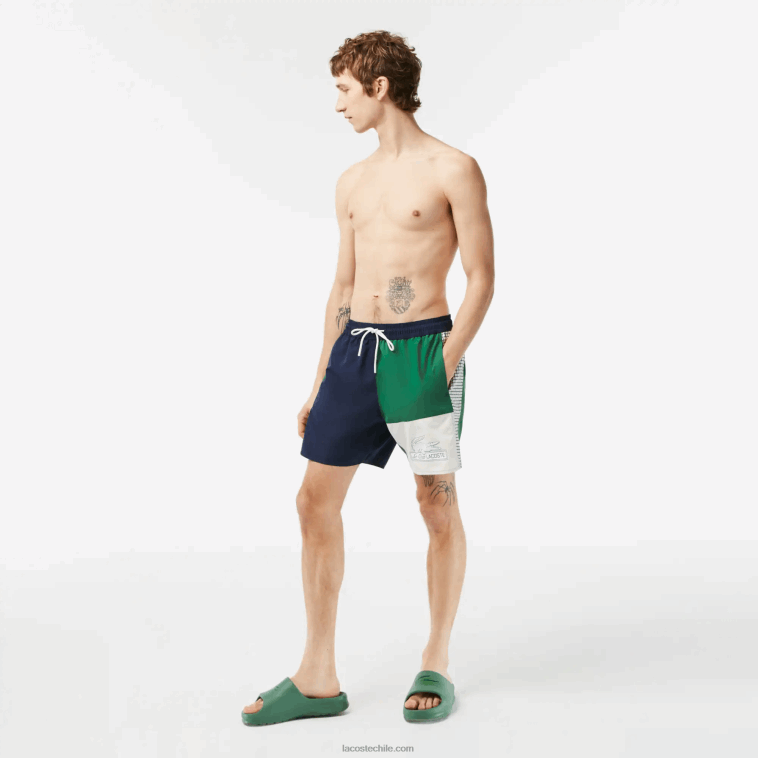 hombres Lacoste azul marino verde blanco ast bañador de poliéster reciclado colorblock N6XZ2520