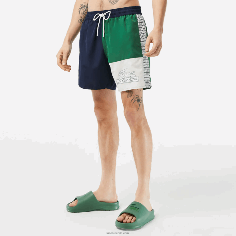 hombres Lacoste azul marino verde blanco ast bañador de poliéster reciclado colorblock N6XZ2520
