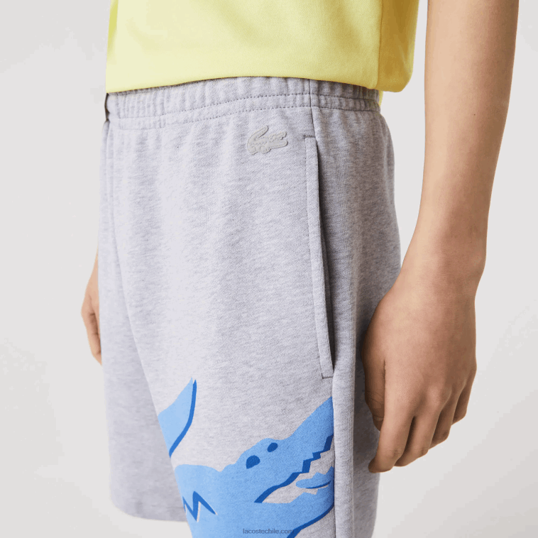 hombres Lacoste lomo gris cca shorts extragrandes de felpa de algodón orgánico con estampado de cocodrilo N6XZ21418