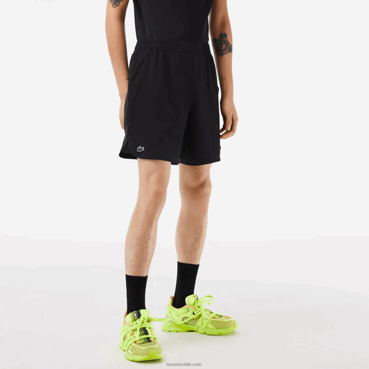 hombres Lacoste negro 8vm shorts deportivos de malla elástica a cuadros N6XZ2458