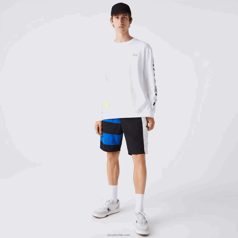 hombres Lacoste negro azul blanco se1 shorts con efecto patchwork y bloques de color N6XZ21500