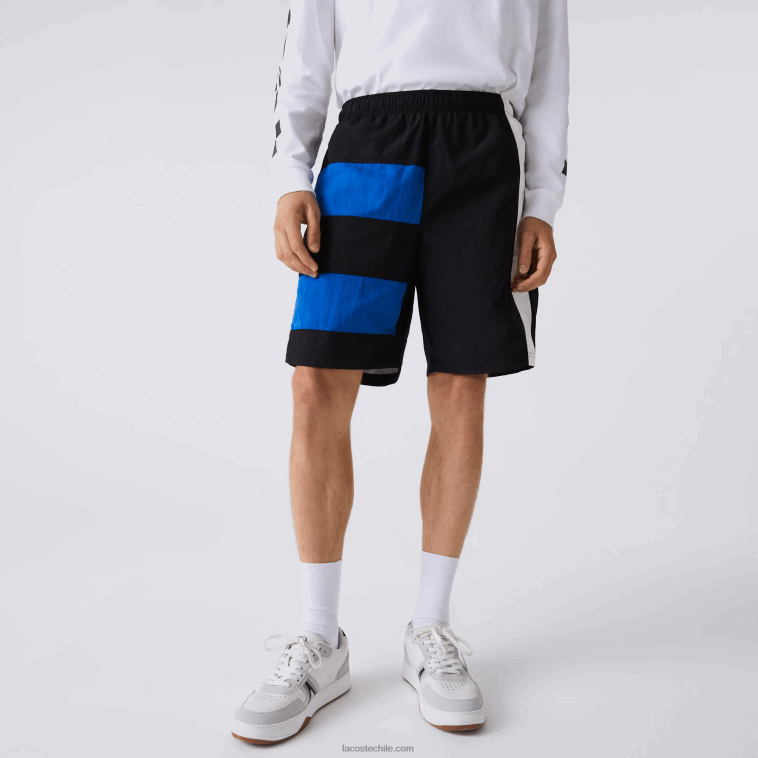 hombres Lacoste negro azul blanco se1 shorts con efecto patchwork y bloques de color N6XZ21500