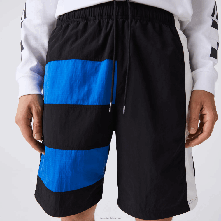 hombres Lacoste negro azul blanco se1 shorts con efecto patchwork y bloques de color N6XZ21500