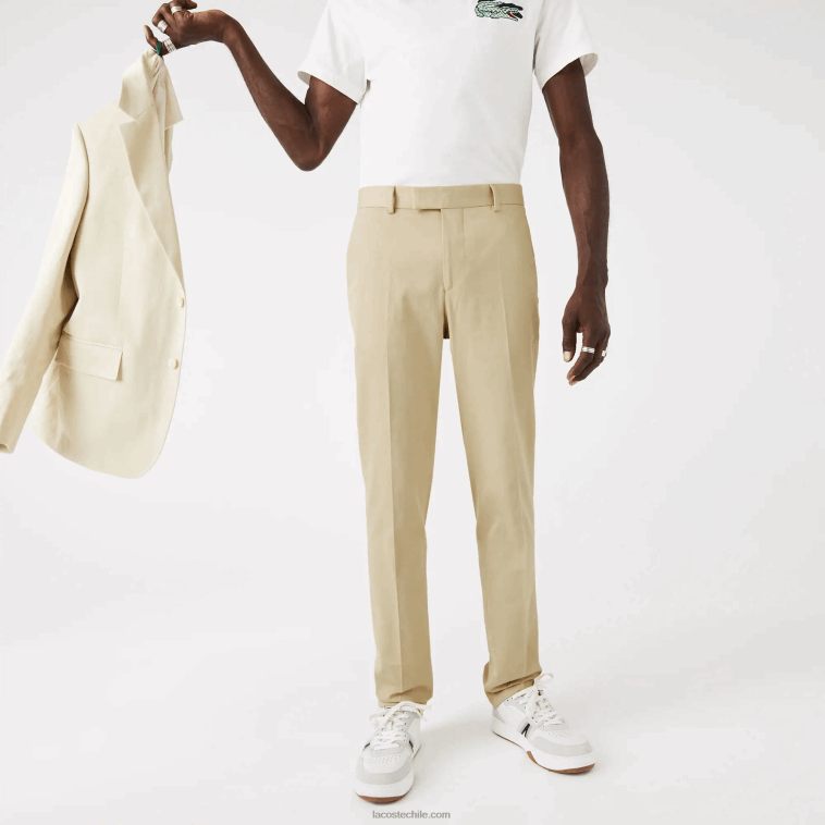hombres Lacoste beige 68s pantalones plisados ​​de mezcla de algodón y lino N6XZ21642