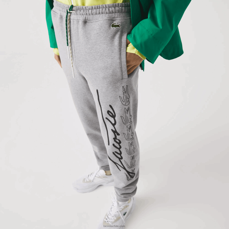 hombres Lacoste lomo gris 4jv pantalones de chándal de felpa de algodón con estampado de cocodrilo y firma N6XZ21065