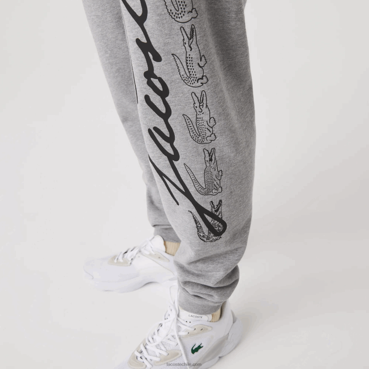hombres Lacoste lomo gris 4jv pantalones de chándal de felpa de algodón con estampado de cocodrilo y firma N6XZ21065
