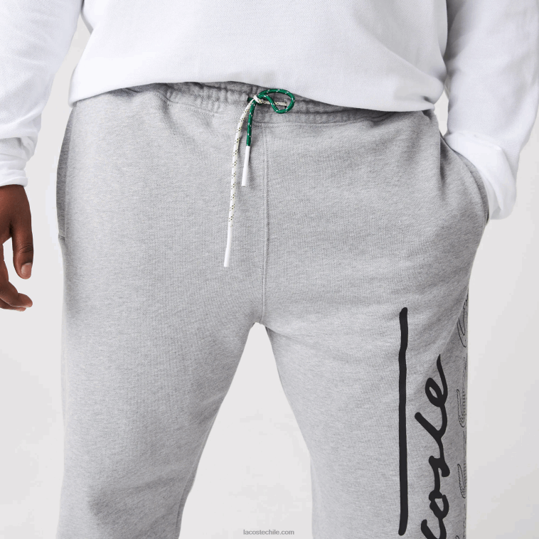 hombres Lacoste lomo gris 4jv pantalones de chándal de felpa de algodón con estampado de cocodrilo y firma N6XZ21065
